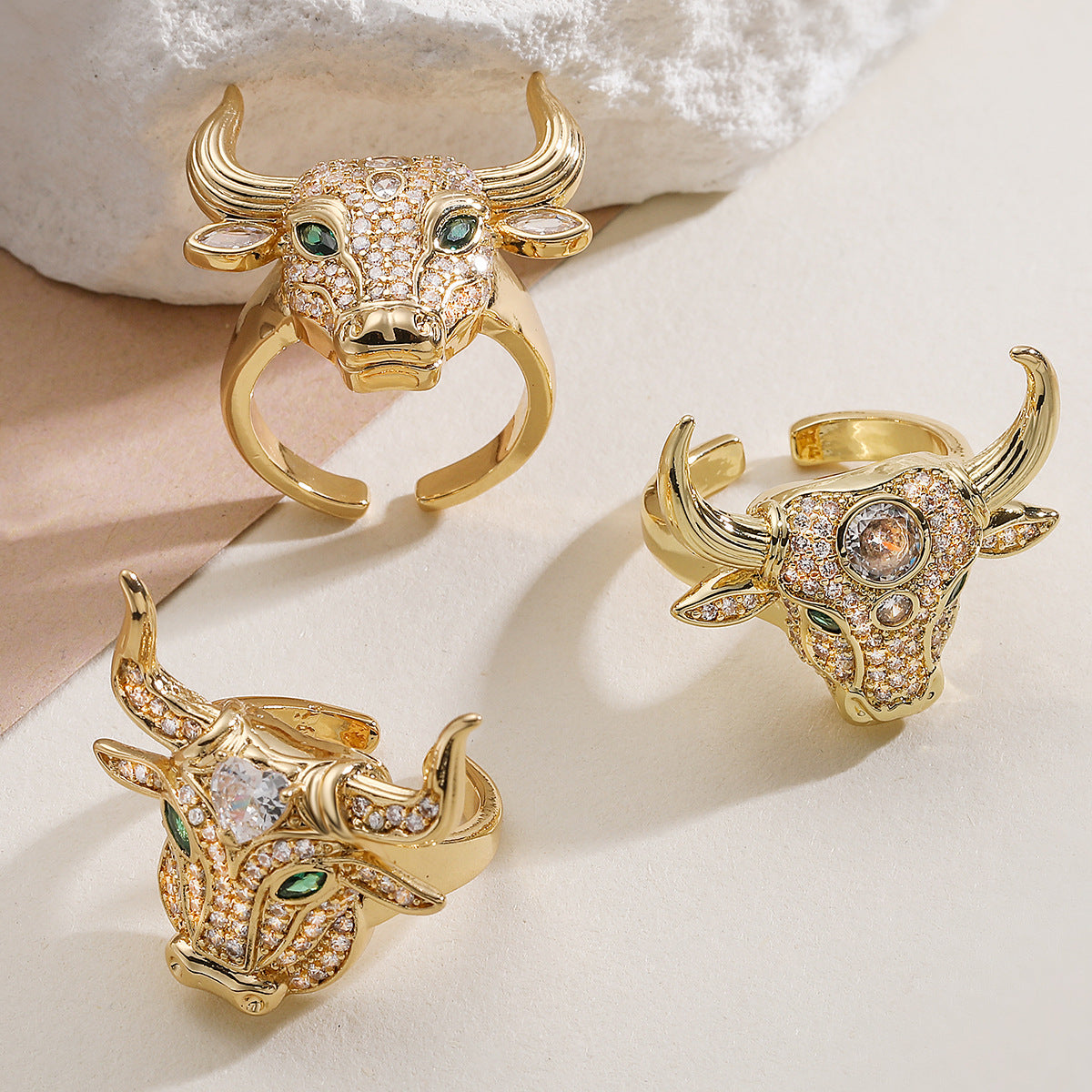 Hip-hop 18K Gold Plated Geometric Brass Ring with Cubic Zirconia for Women