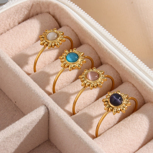 Anello da donna regolabile in acciaio inossidabile con agata nera e occhio di gatto, stile geometrico vintage alla moda