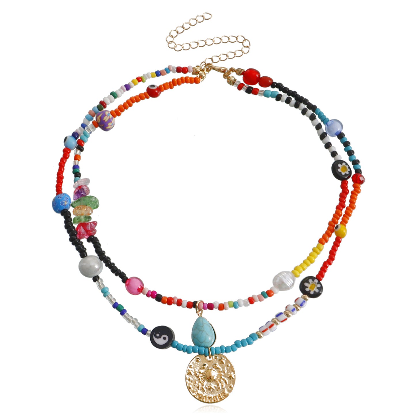 Bohemian Multilayer Polymer Clay Evil Eye Necklace for Women with Geometric Pendant, Alloy Chain, Electroplated Finish