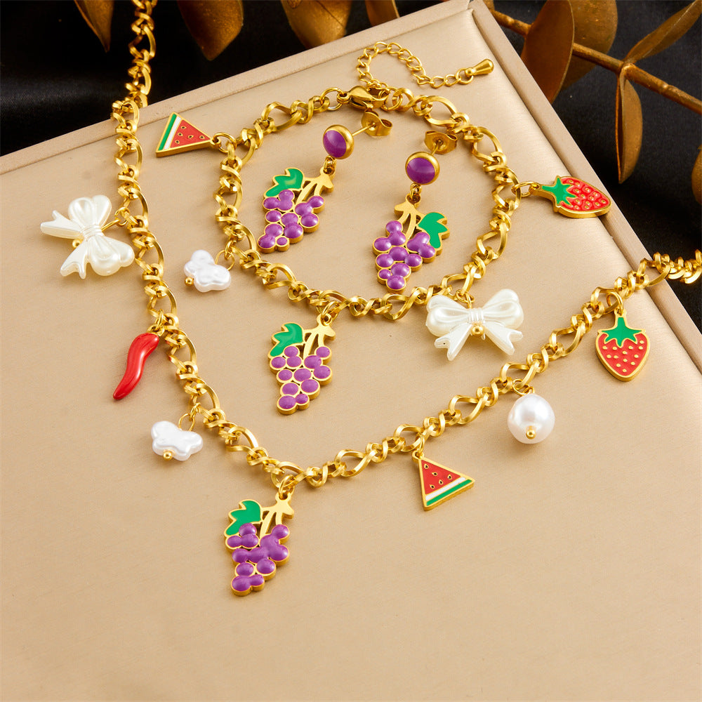 Elegant Cartoon Drip Oil Plated Stainless Steel Butterfly Fruit Jewelry Set with Serpentine Chain for Women