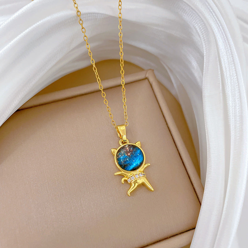 Cartoon Style Starry Sky Cat Pendant Necklace for Women in Titanium Steel with Rhinestone Inlay, Delicate Clavicle Chain