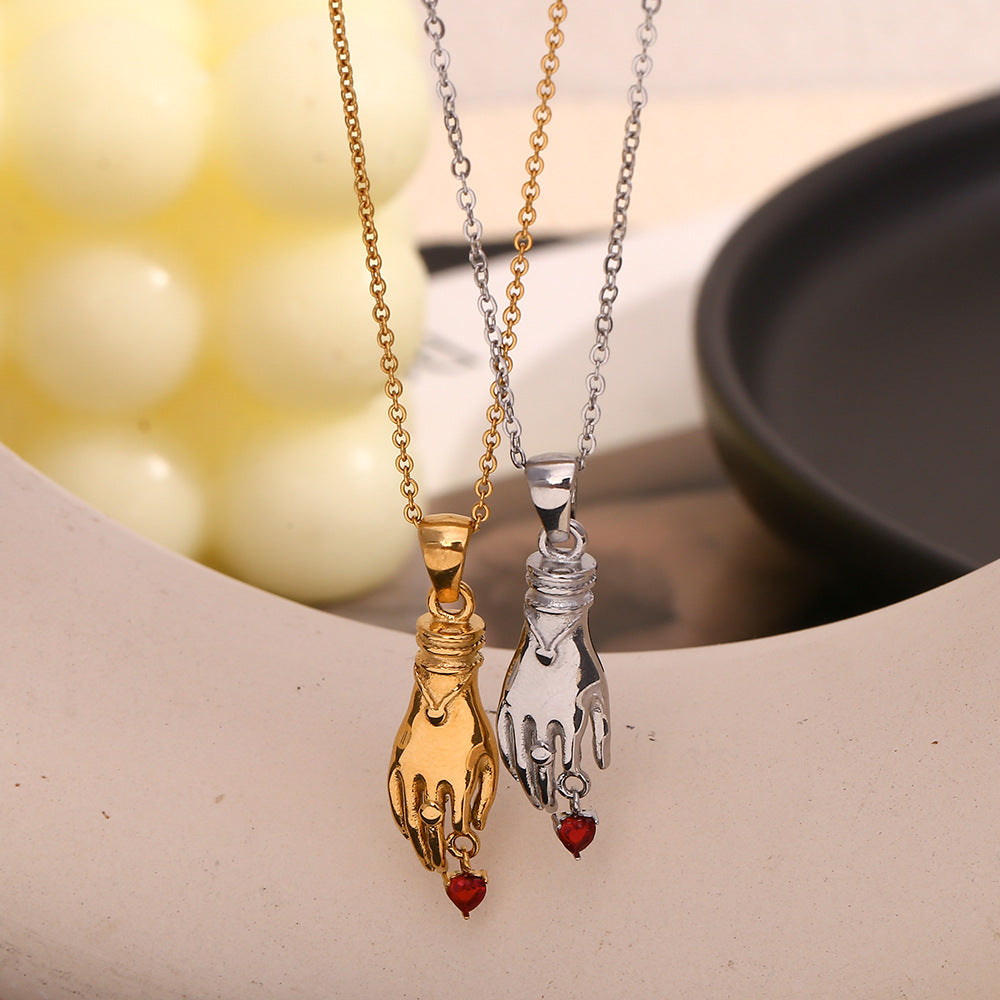 Collana con pendente geometrico vintage da donna in acciaio inossidabile con placcatura in oro 18K e singolo strass rosso