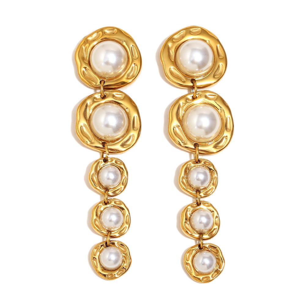 Fashionable Vintage-Inspired Geometric Stainless Steel Earrings with 18K Gold Plating and Mixed-Size Pearl Accents for Women