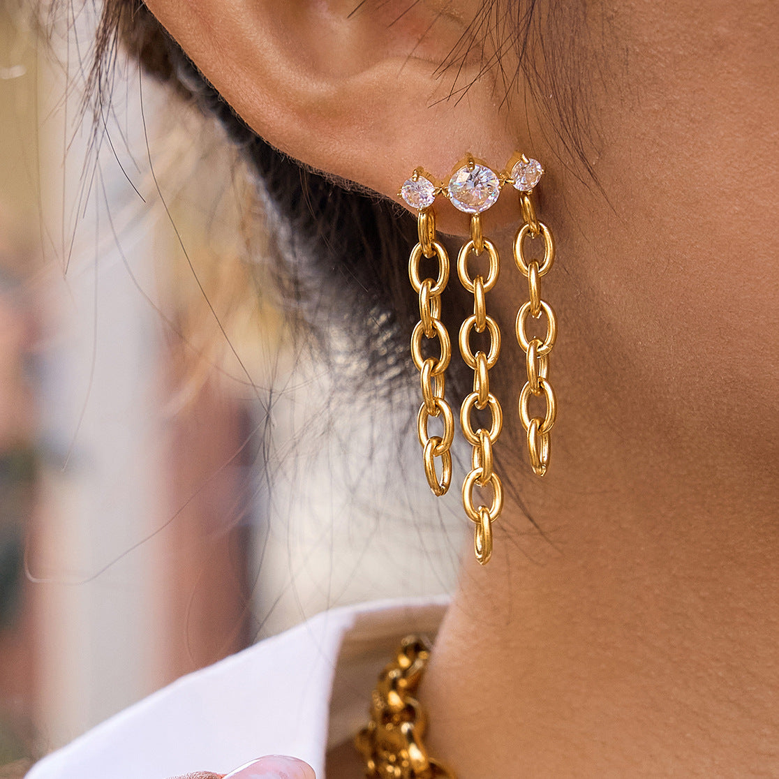 Elegant Geometric Stainless Steel Plated Cubic Zirconia Tassel Earrings for Women