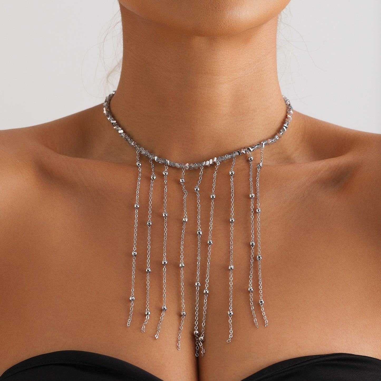 Fashion Minimalist Tassel Clavicle Necklace with Mirror Glass Beads and Geometric Pendant in Electroplated Alloy