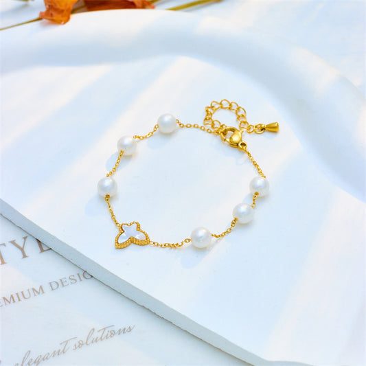 Elegant Minimalist Round Pearl Butterfly Bracelet in Titanium Steel with Plated Finish for Women