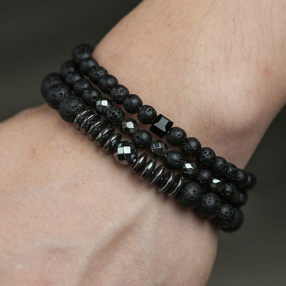 Set di bracciali a strati Punk Dark con ossidiana nera, occhio di Allah e ciondoli a forma di corona in zircone, unisex