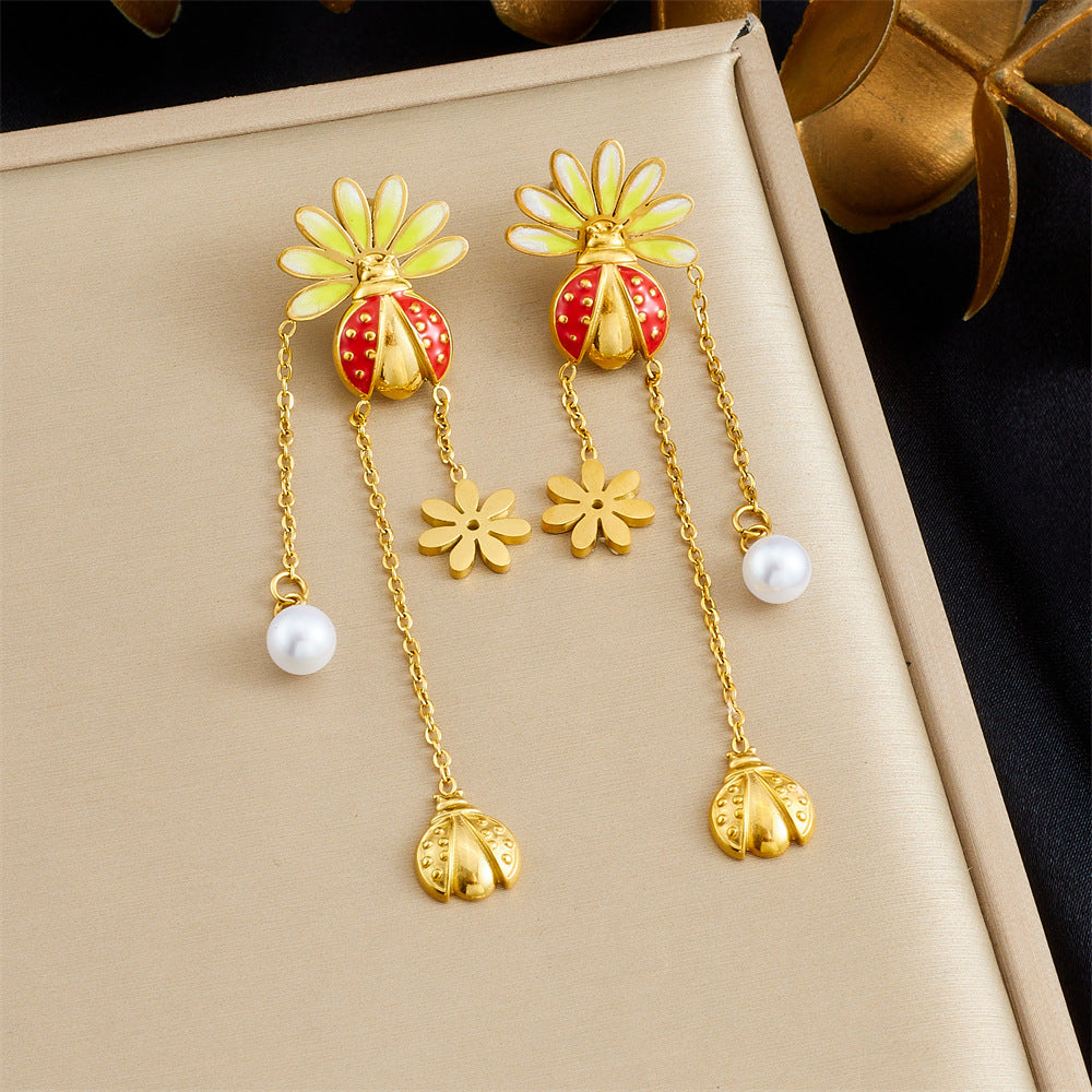 Cute Cartoon Ladybug Drip Oil Yellow White Gradient Pearl Tassel Necklace and Earring Set for Women