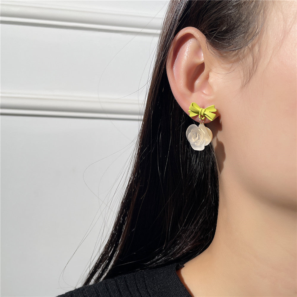Vintage Sweet Light Green Floral Bow 925 Sterling Silver Post Alloy Plated Earrings