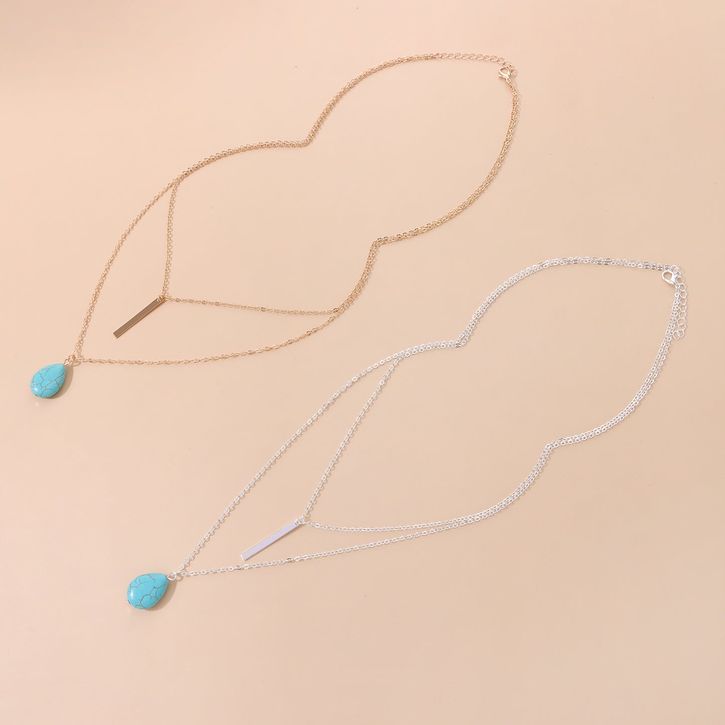 Minimalist Teardrop Turquoise Pendant Necklace with Multi-Layer Metal Chain for Women