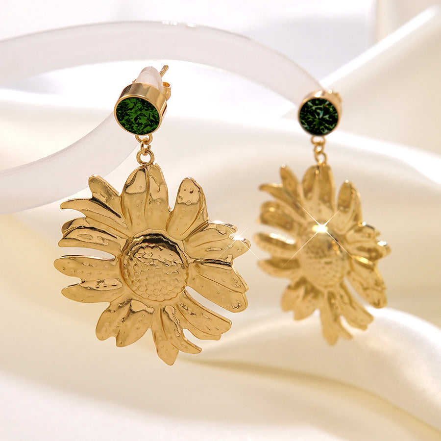 Orecchini a perno esagerati vintage in acciaio inossidabile con girasole intarsiato di strass per donna