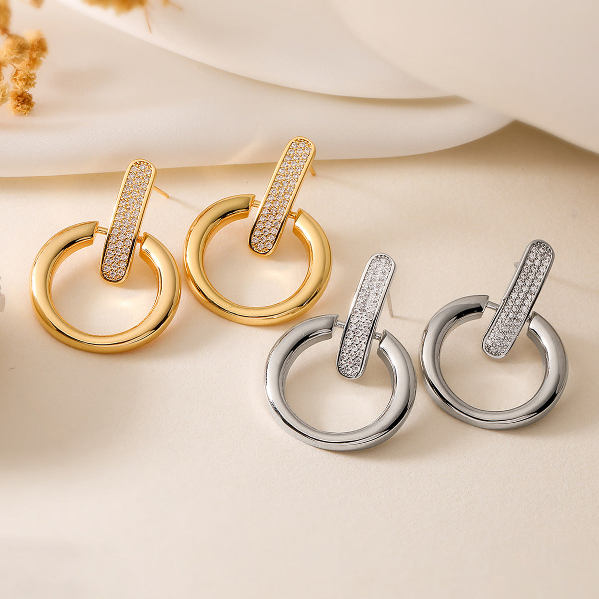 Minimalist Geometric Copper Earrings with 18K Gold Plating and Zircon Accents for Women