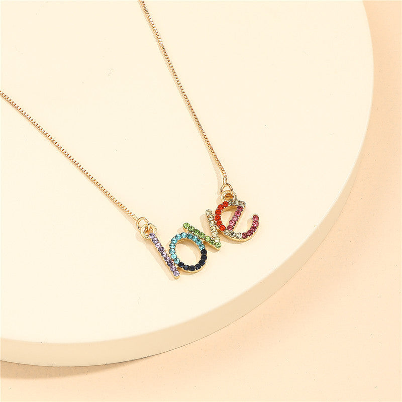 Cartoon Style Letter Shape Alloy Necklace with Rhinestone Inlay for Kids, Rainbow Colored Love Pendant on O-Chain