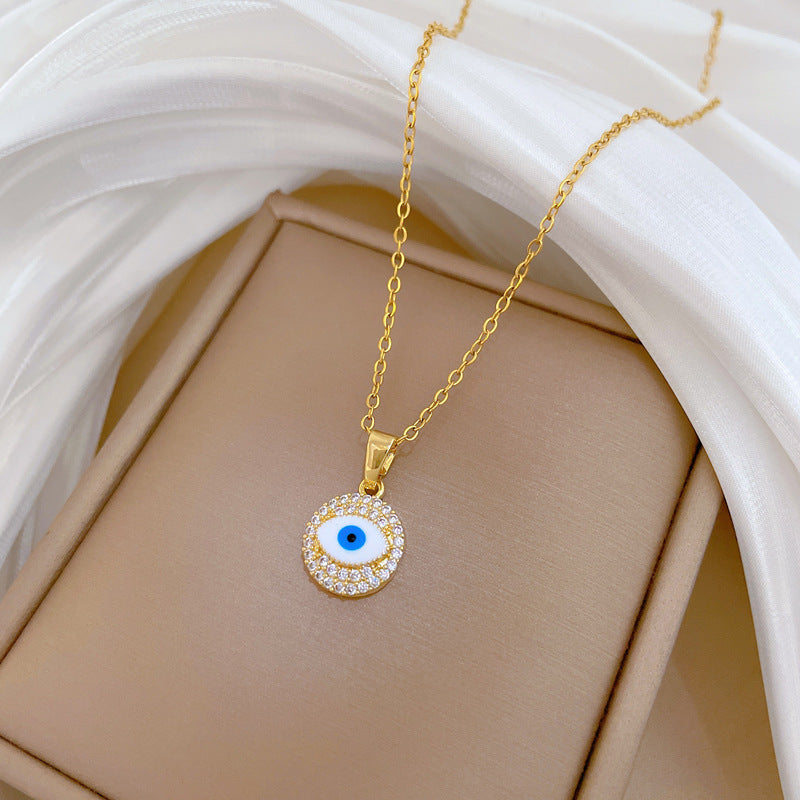 Sweet Geometric Moon Evil Eye Rhinestone Pendant Necklace Titanium Steel Chain for Unisex