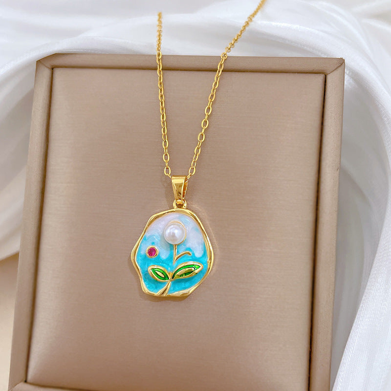 Minimalist Sweet Geometric Moon Rhinestone Pendant Necklace Titanium Steel Cable Chain for Unisex