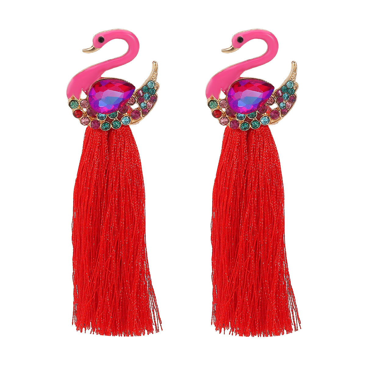 Vintage Ethnic Style Tassel Swan Stud Earrings in Alloy with Rhinestone Inlay for Women