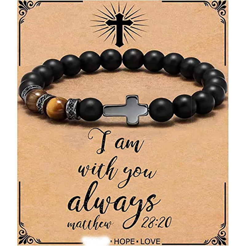 Minimalist Matte Black Beaded Bracelet with Small Cross Pendant Unisex Gift