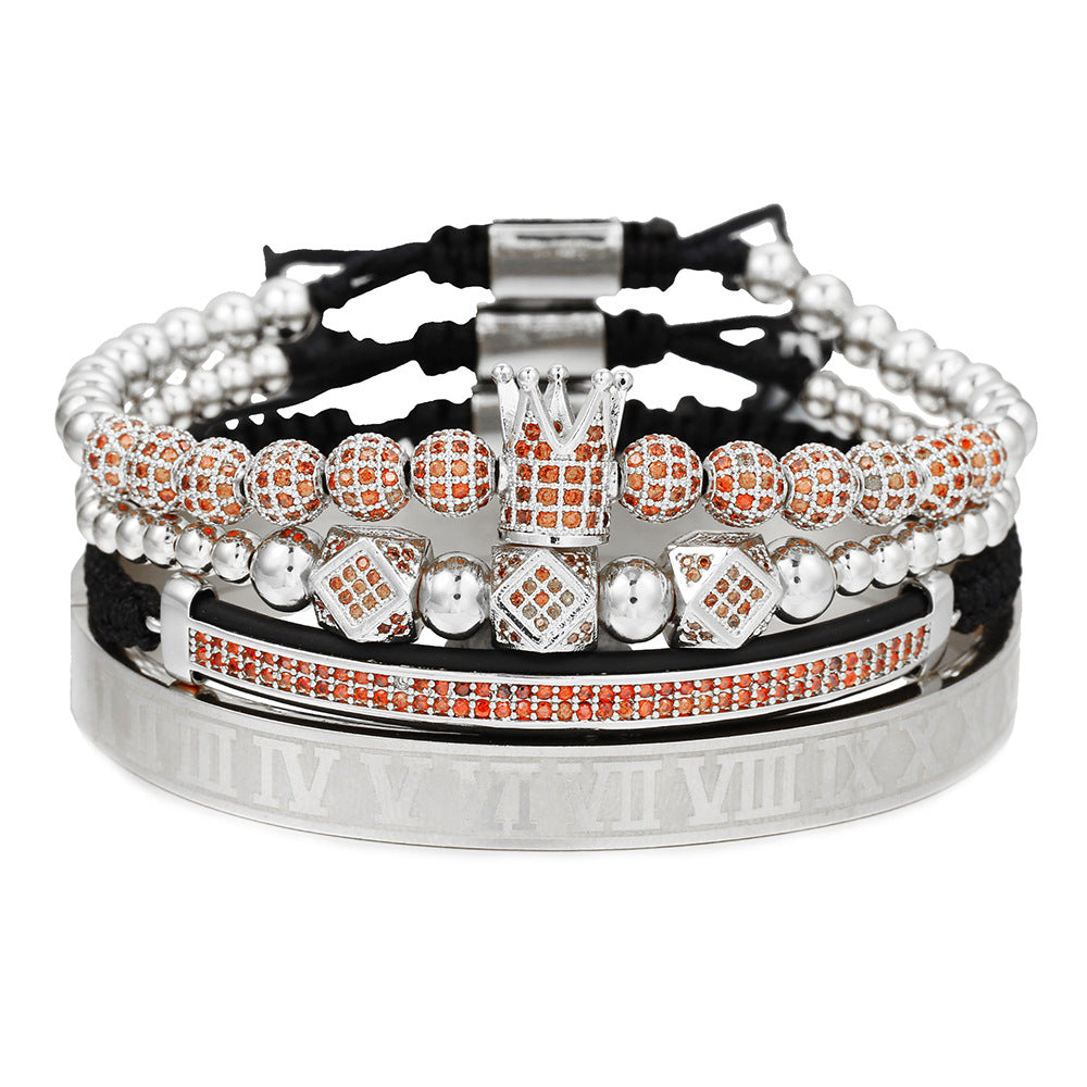 Fashion Unisex Micro-pave Cubic Zirconia Crown Ball Geometric Titanium Steel Bracelet Set