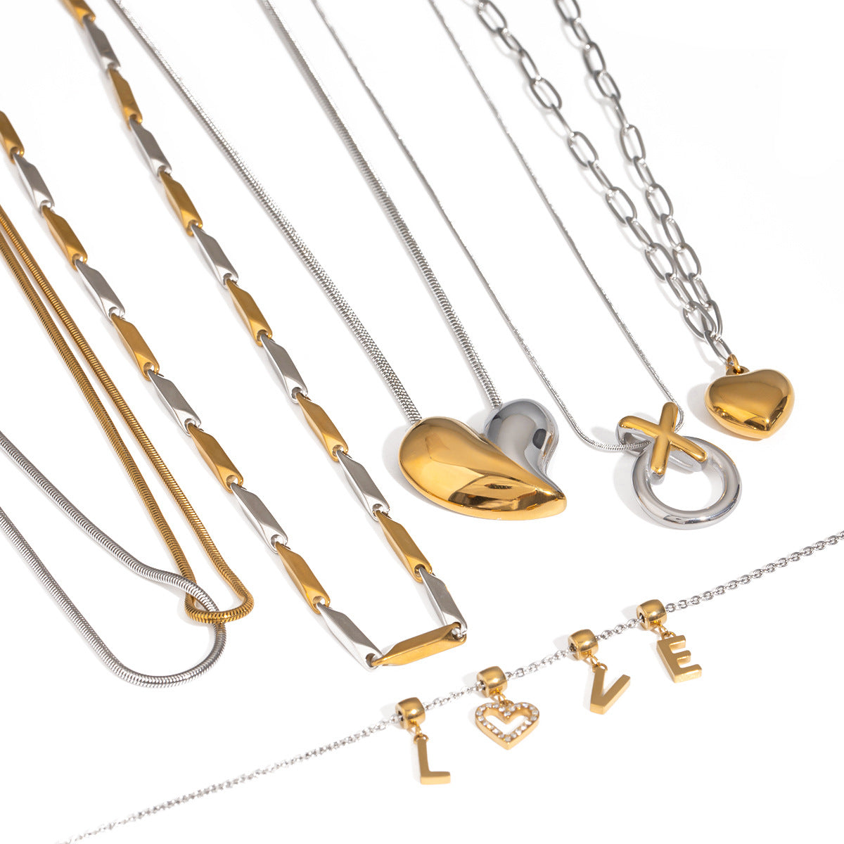 Fashion Two-Tone Heart and Letter Pendant Stainless Steel Necklace for Women