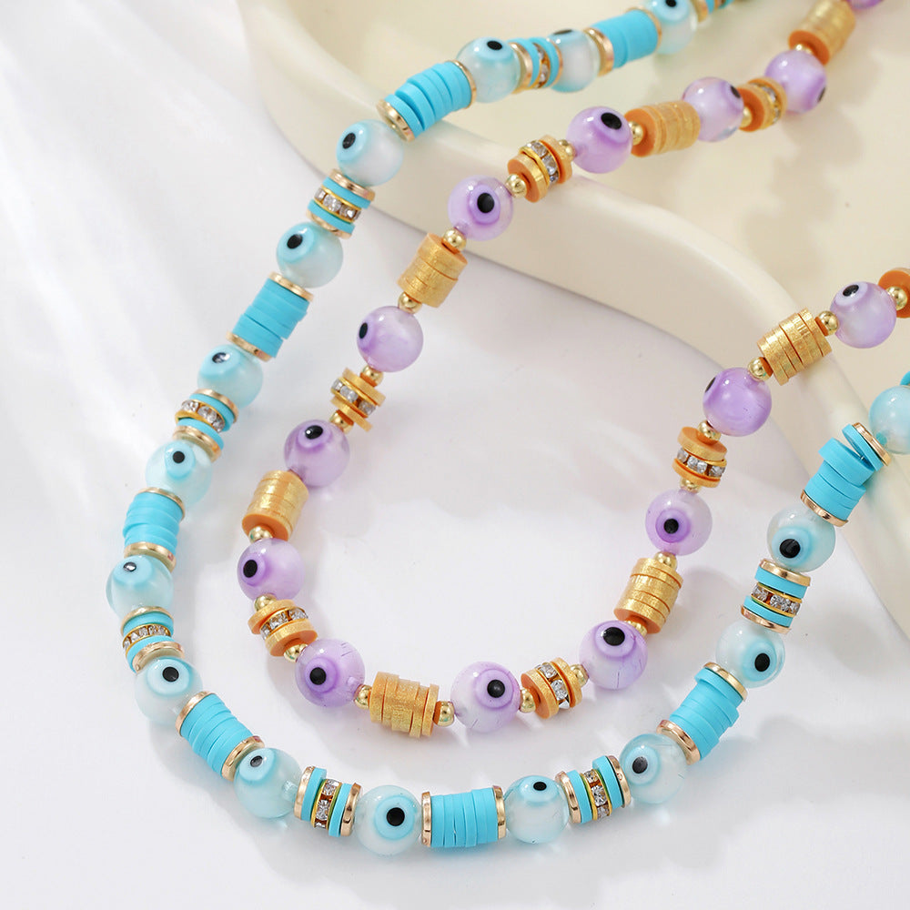 Bohemian Round Geometric Resin Evil Eye Necklace with Cubic Zirconia Cable Chain for Unisex