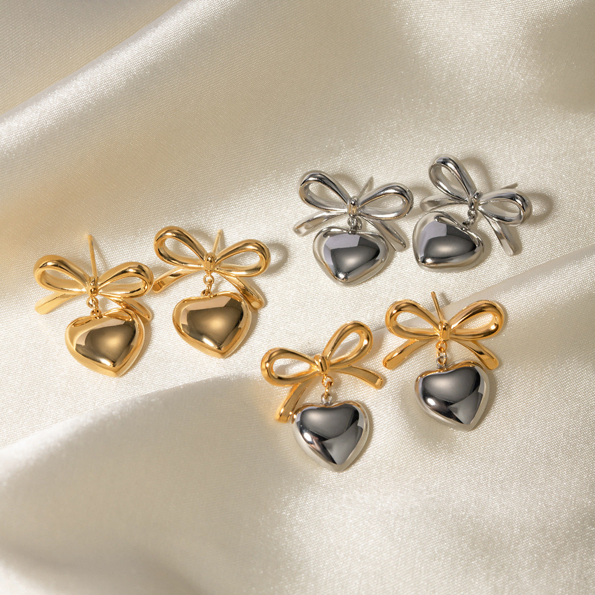 Sweet Two-Tone Heart Butterfly Knot Plated Stainless Steel Earrings for Women