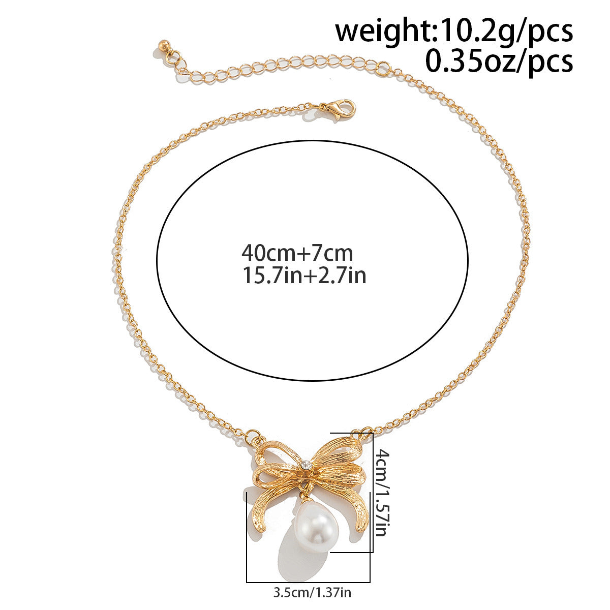 Collana geometrica in lega con fiocco e perle imitate, catena placcata per donna