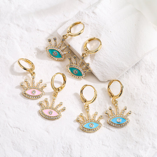 Orecchini da donna geometrici in rame creativo con placcatura in oro vero e dettagli a occhio in zirconia smaltata