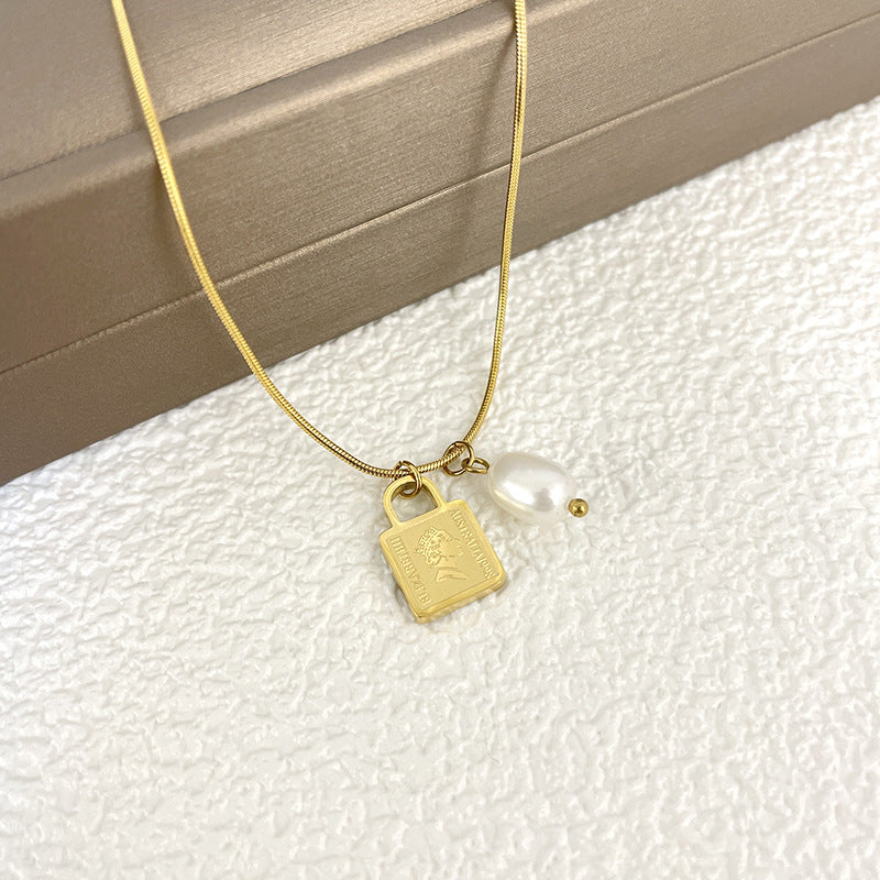 Minimalist Geometric Stainless Steel Pendant Necklace for Women with Snake Chain and Lucky Lock Design