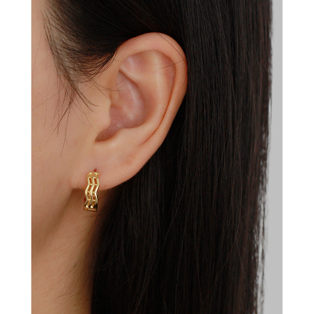Pendientes de aro minimalistas de plata de ley 925 con línea ondulada geométrica para mujer