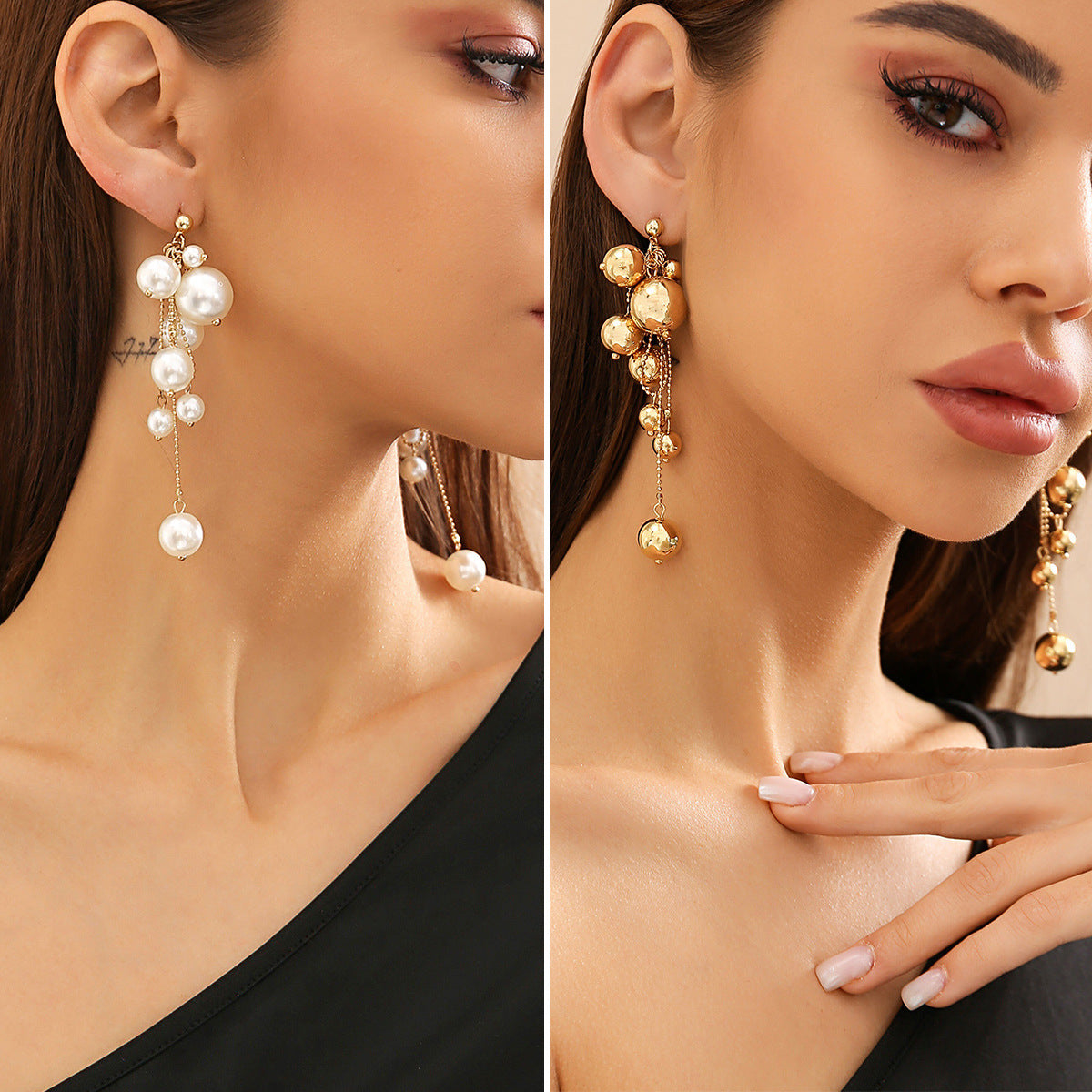 Vintage Bohemian Pearl-Style Tassel Earrings with Geometric Beads and Stainless Steel Posts
