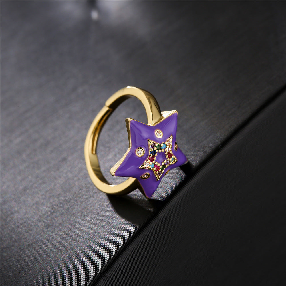 Fashion 18K Gold Plated Brass Drip Oil Cubic Zirconia Star Ring for Women