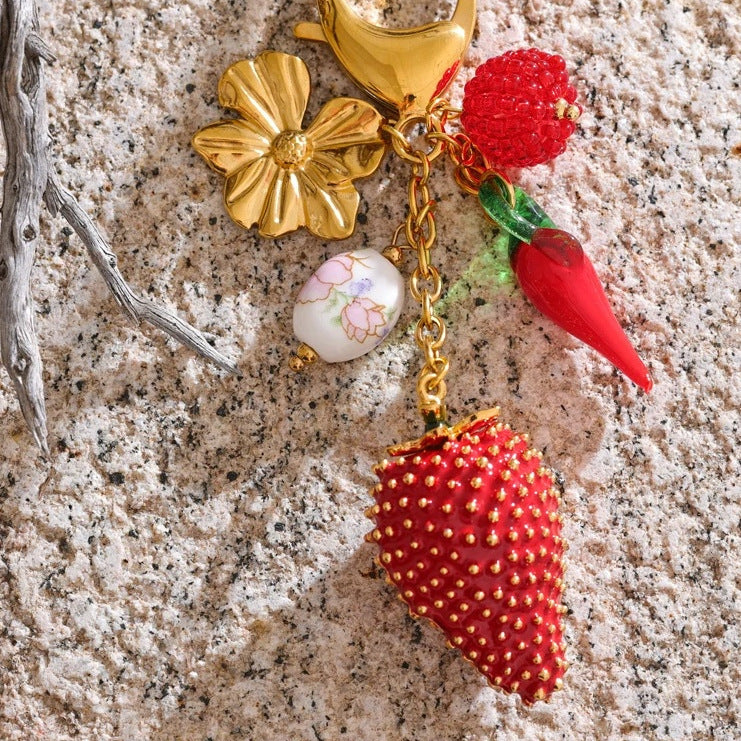 Colorful Heart Strawberry Fruit Metal Plated Keychain Bag Charm