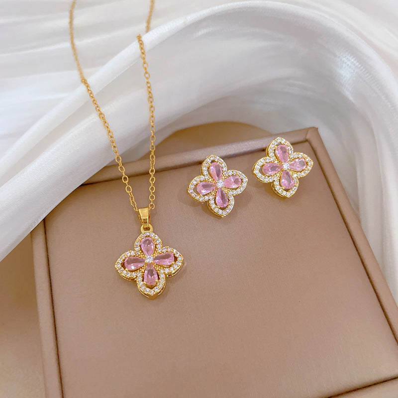Luxury Titanium Steel Four-Leaf Clover Pendant Necklace and Earrings Set with Rhinestone Inlay for Women Formal Events