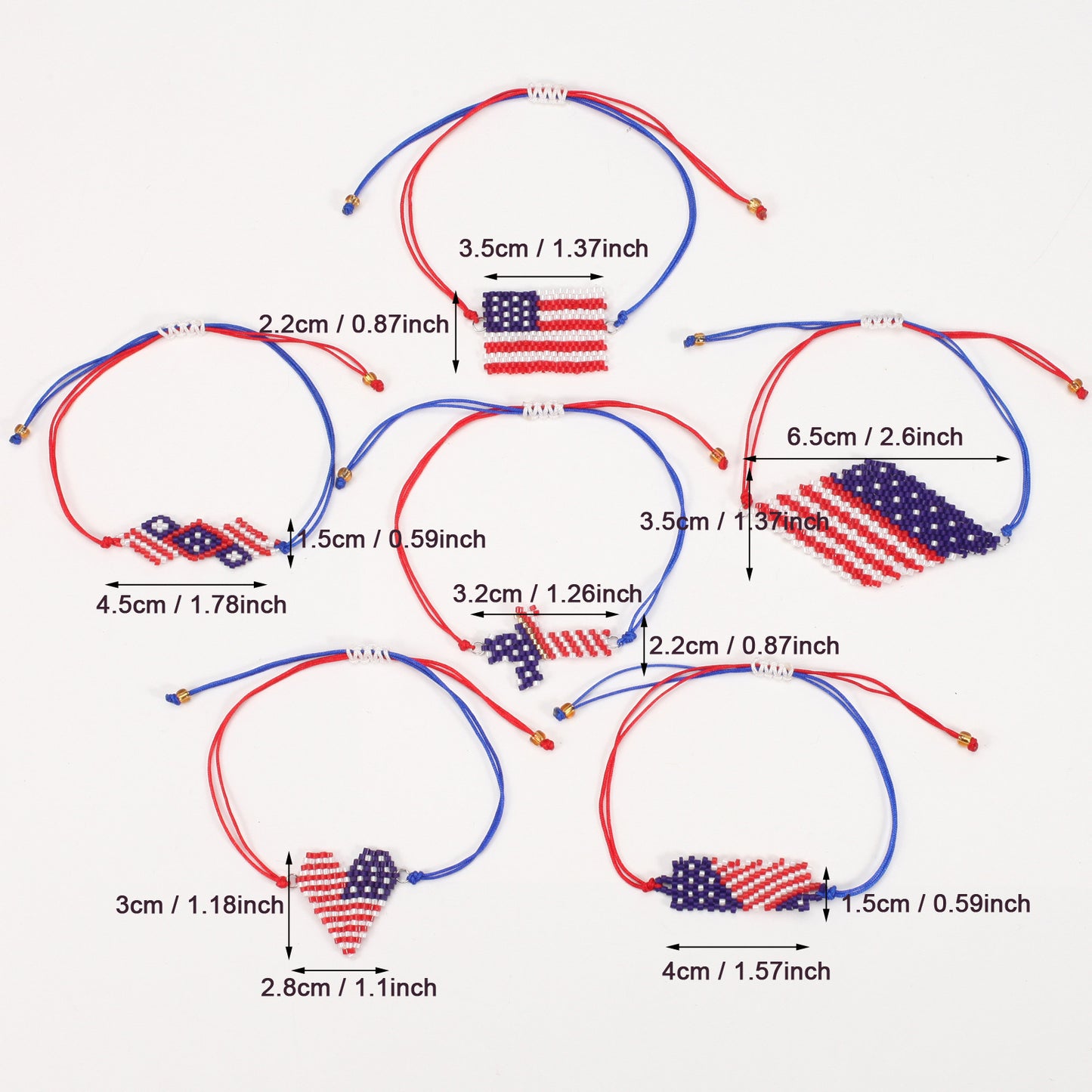 Bracciale Unisex con Cuore Tessuto a Bandiera Americana Fatto a Mano e Cordino di Filo