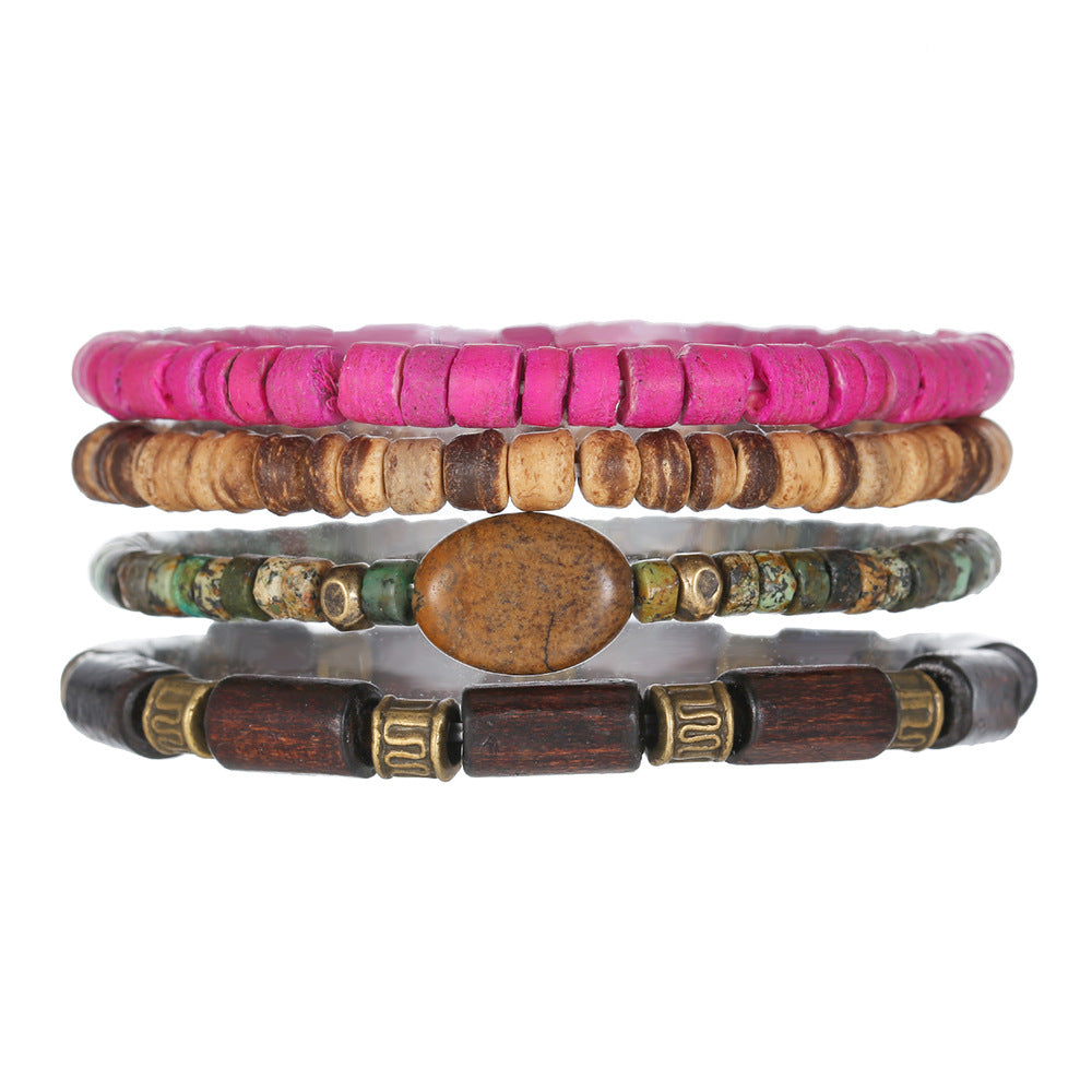 Vintage Bohemian Ethnic Round Geometric Wood Beaded Stretch Bracelet