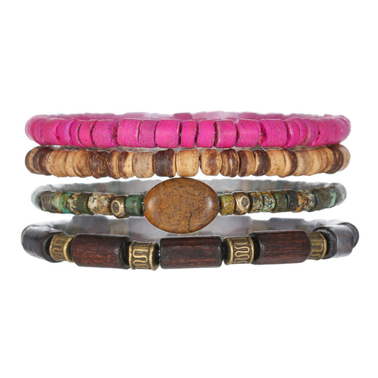 Vintage Bohemian Ethnic Round Geometric Wood Beaded Stretch Bracelet