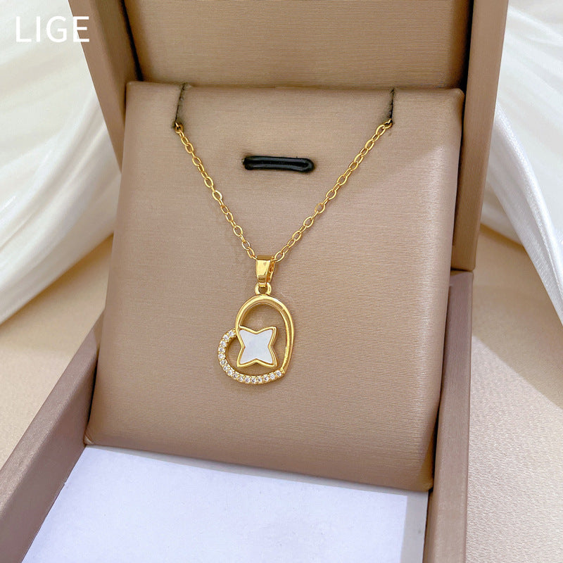 Collana con ciondolo a cuore e stella minimalista da donna, catena in acciaio inossidabile con intarsio di strass, elegante gioiello per clavicola