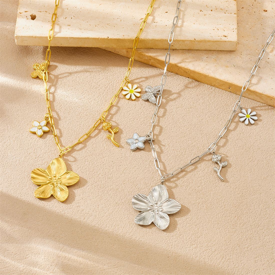 Exaggerated Floral Stainless Steel Plated Necklace Curb Chain for Women