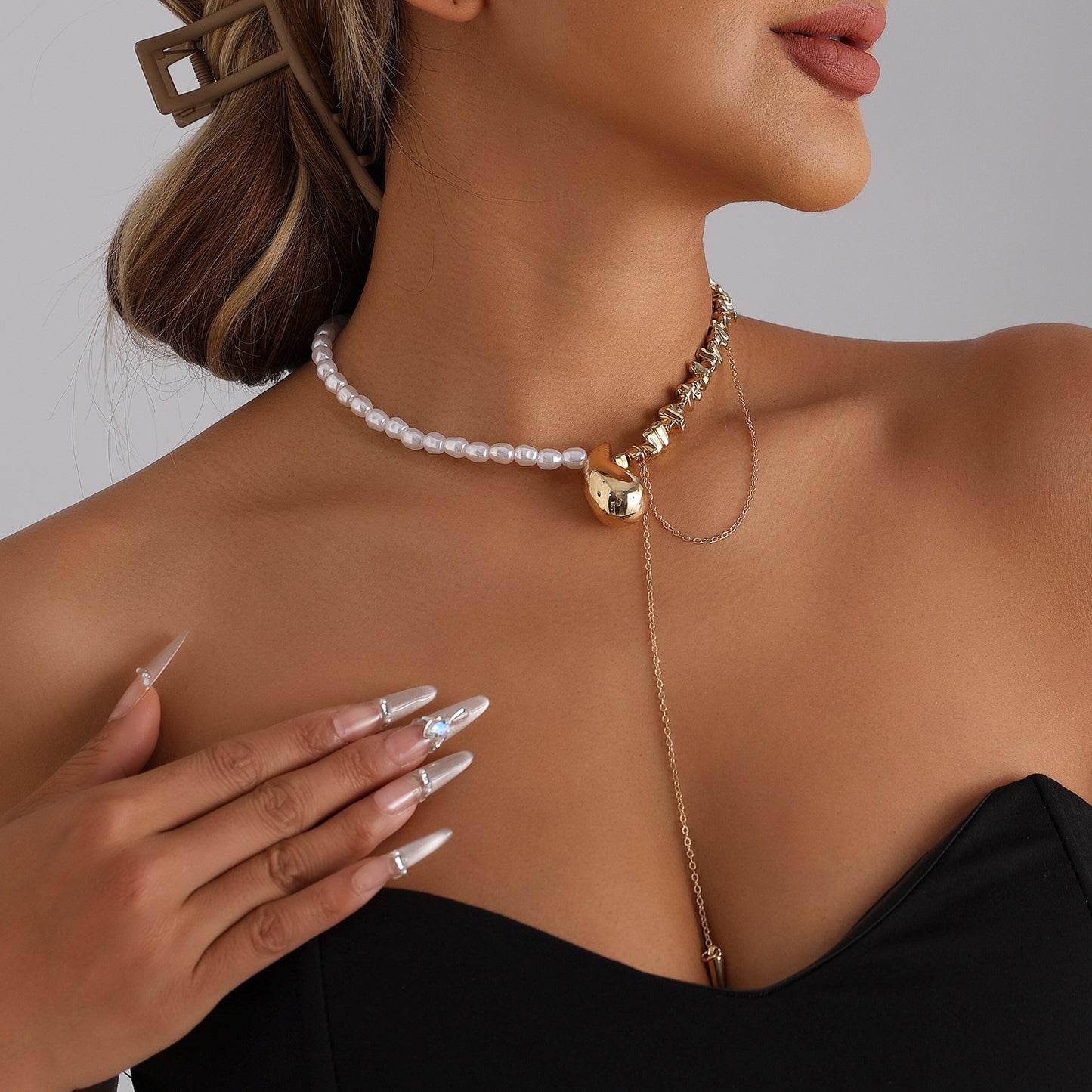 Geometric Teardrop Alloy Plated Necklace with Resin Beads and Tassel for Women