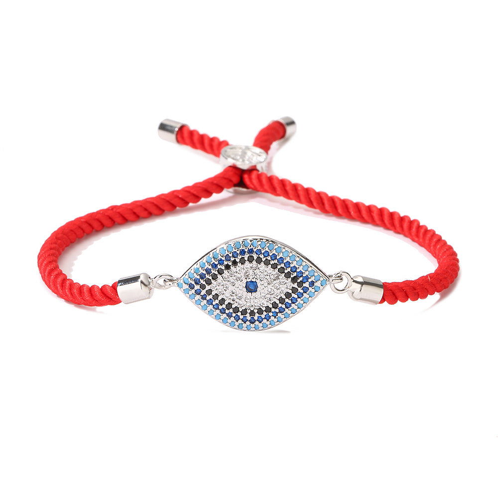 Geometric Evil Eye Rhinestone Micro-Paved Copper Bracelet for Women with Red Cord