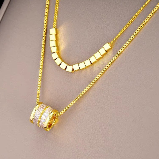 Minimalist Double Layer Zircon Geometric Pendant Necklace Titanium Steel Plated O-Chain Unisex