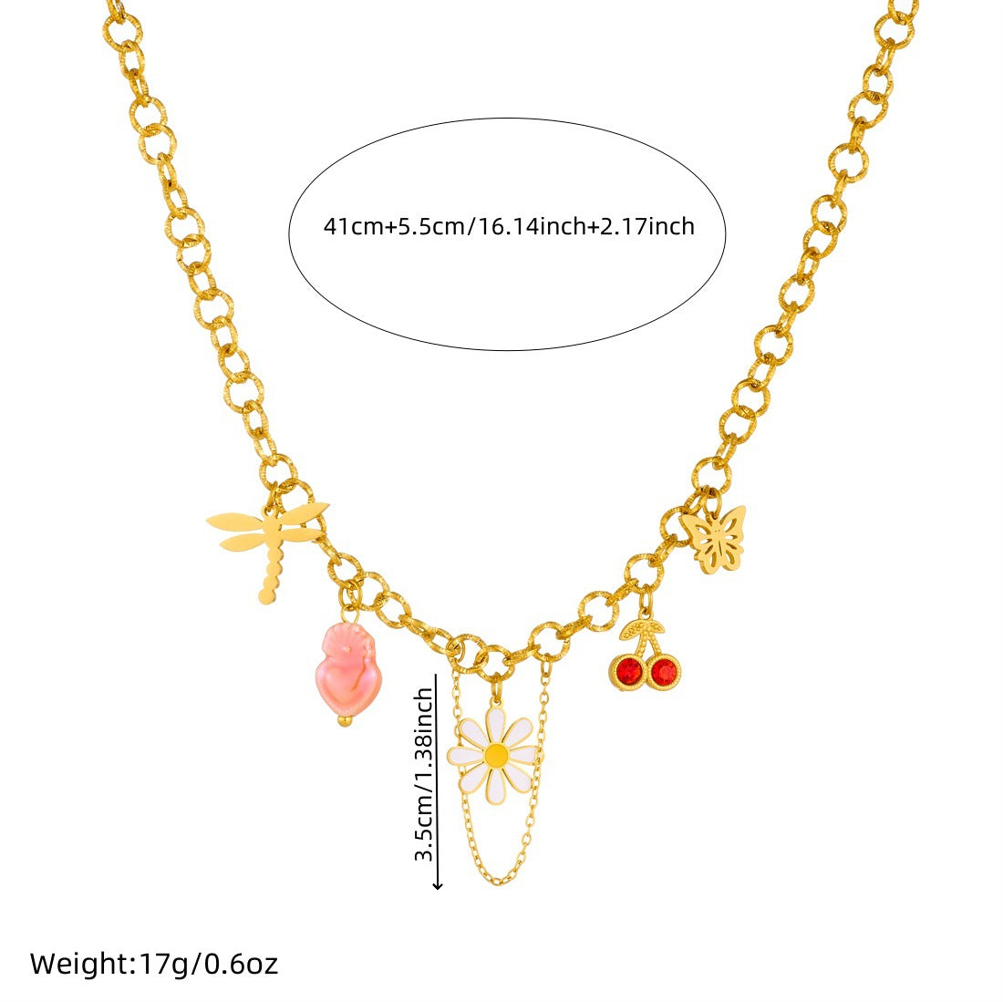 Sweet Drip Oil Floral Stainless Steel Necklace with Cherry and Daisy Pendant