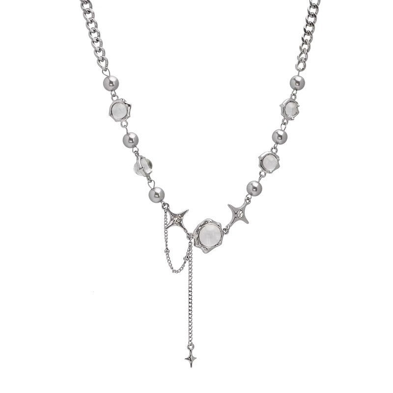 Retro Geometric Pendant Necklace for Women with Stainless Steel Chain, Luminescent Pearl and Rhinestone Star Accent, Fringe Detail, Plated Finish