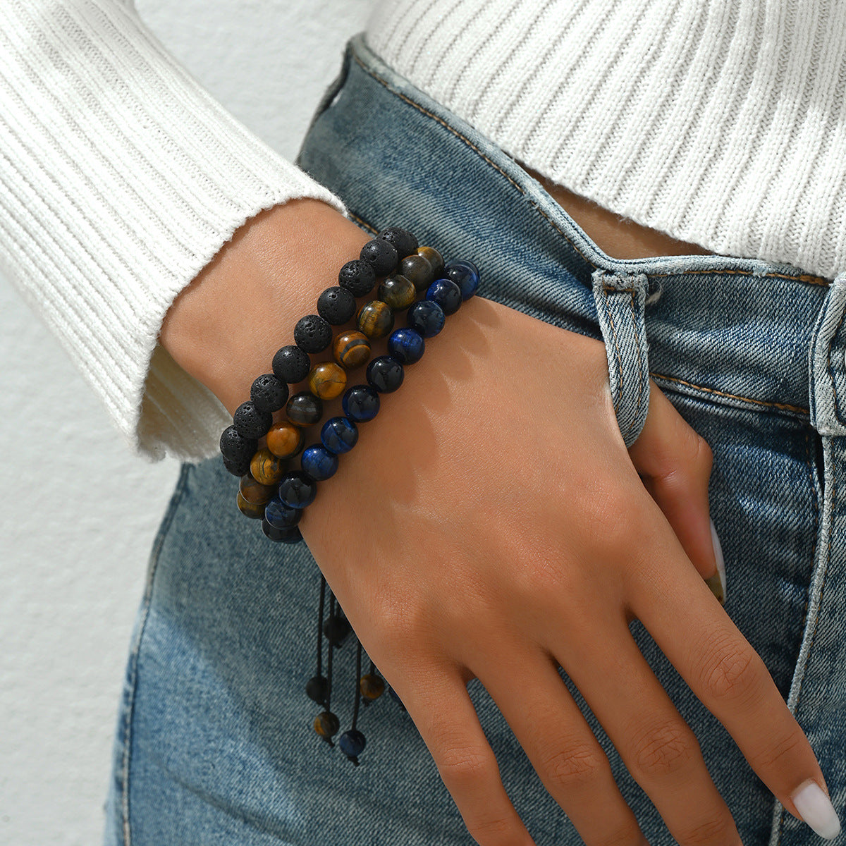 Vintage Geometric Natural Stone Bracelet Set for Men and Women with Braided Design Adjustable Hand Jewelry