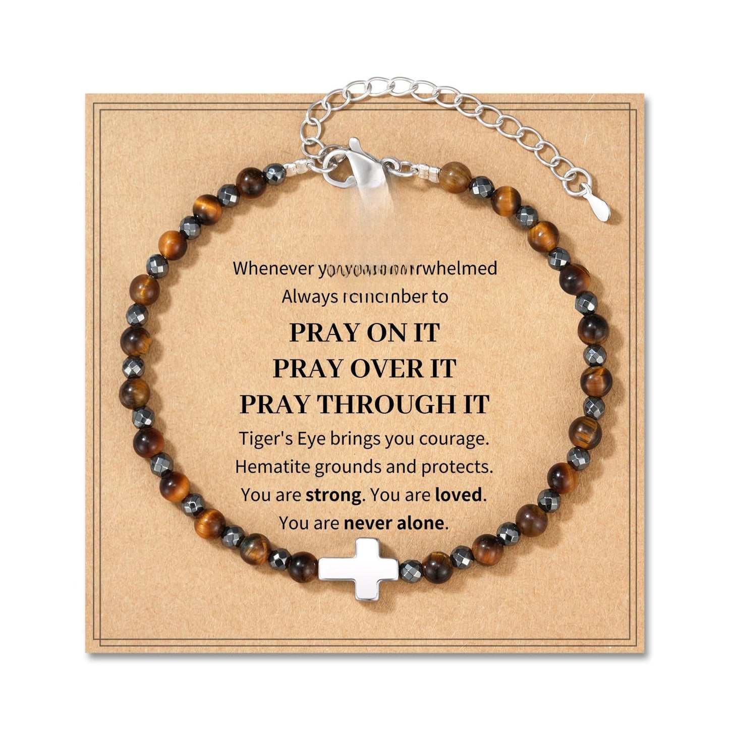 Minimalist 6mm Tiger Eye Cross Bracelet Polished Adjustable Magnetic Clasp