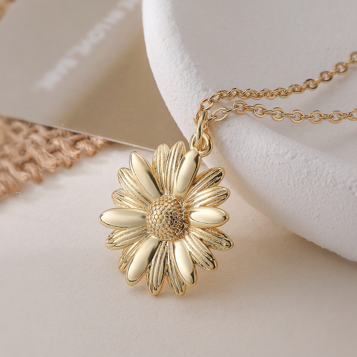 Minimalist Gold Plated Brass Geometric Sunflower Pendant Necklace with Cubic Zirconia