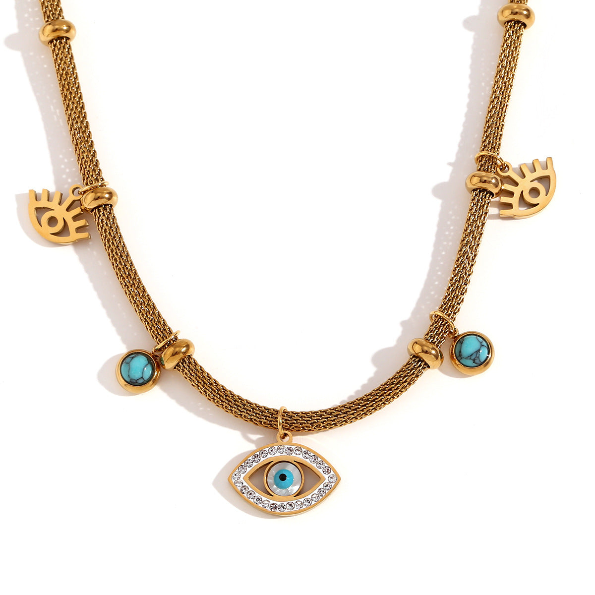 Bracciale a maglie in acciaio inossidabile placcato oro 18 carati con ciondolo a forma di occhio geometrico alla moda e collana con accento turchese da donna