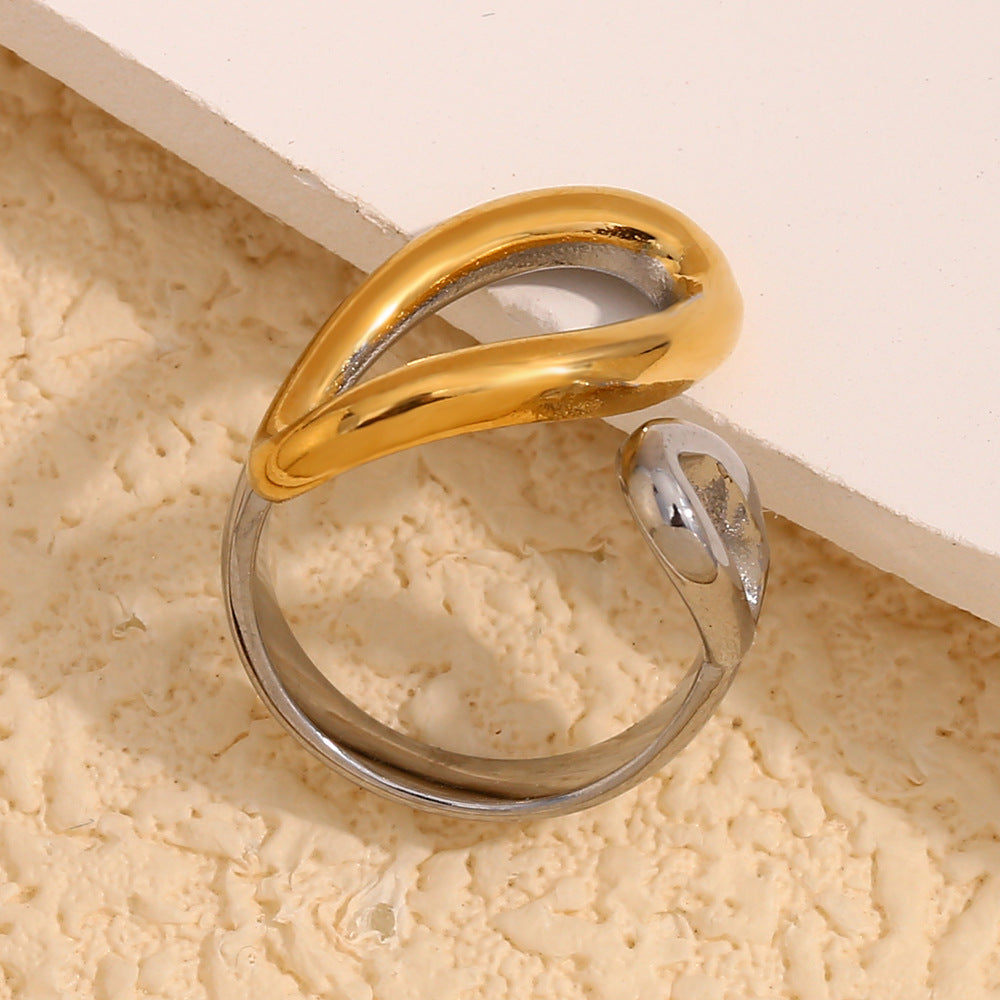 Minimalist Creative Geometric Stainless Steel Plated 18K Gold Two-Tone Open Drop-Shaped Ring for Women