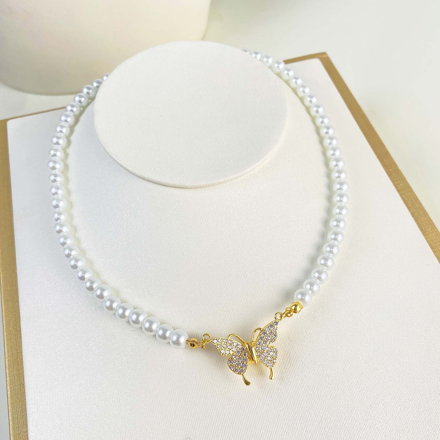 Minimalist Butterfly Pendant Necklace in Titanium Steel with 18K Gold Plating and Magnetic Clasp, Pearl-Style Chain