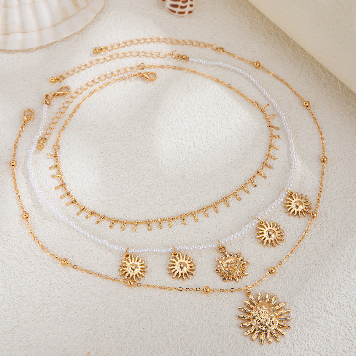 Sweet Floral Alloy Pendant Multi-layer Brass Ball Chain Necklace with Imitation Pearl for Women